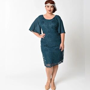 Unique Vintage 1930s Dark Teal Angel Sleeve Flapper Dress